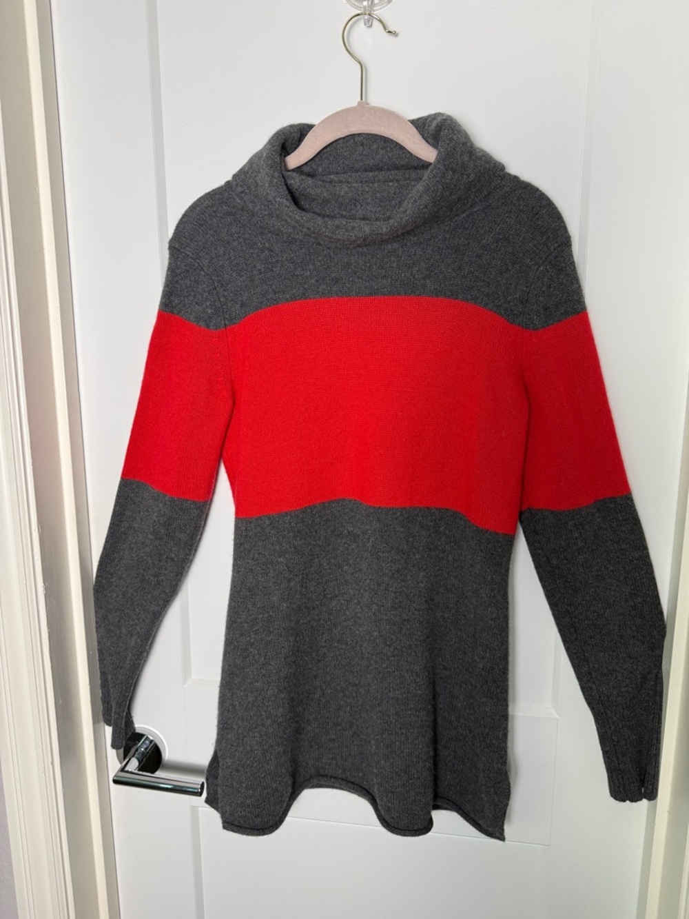 Athleta Charcoal Gray and Bright Red Cowl Neck Cashmere Sweater